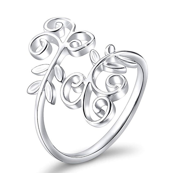 Silver Tone Open Vine Scroll Ring with Leaf Details