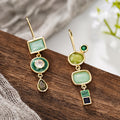 Asymmetric Green Geometric Long Drop Earrings With Clear Stone Accents view 3