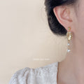 Gold Tone Radiating Oval Medallion Double Pearl Drop Earrings view 2
