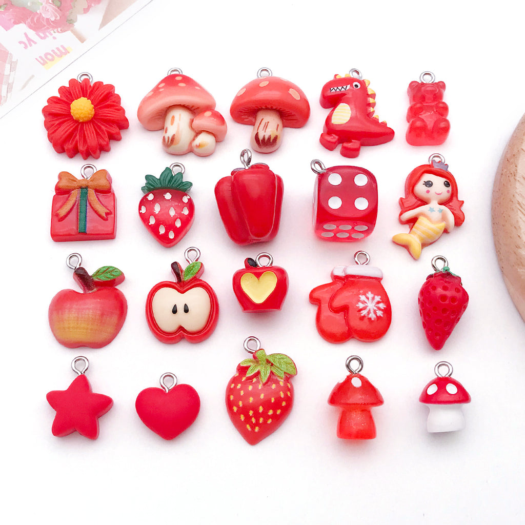 Red Resin Cartoon Apple Strawberry Cherry Charm Pendants for DIY Bracelet Necklace