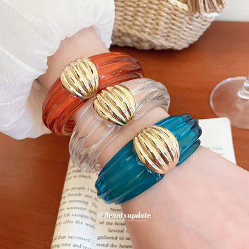 Resin Open Cuff Bracelet Gold Shell Accent Four Colors