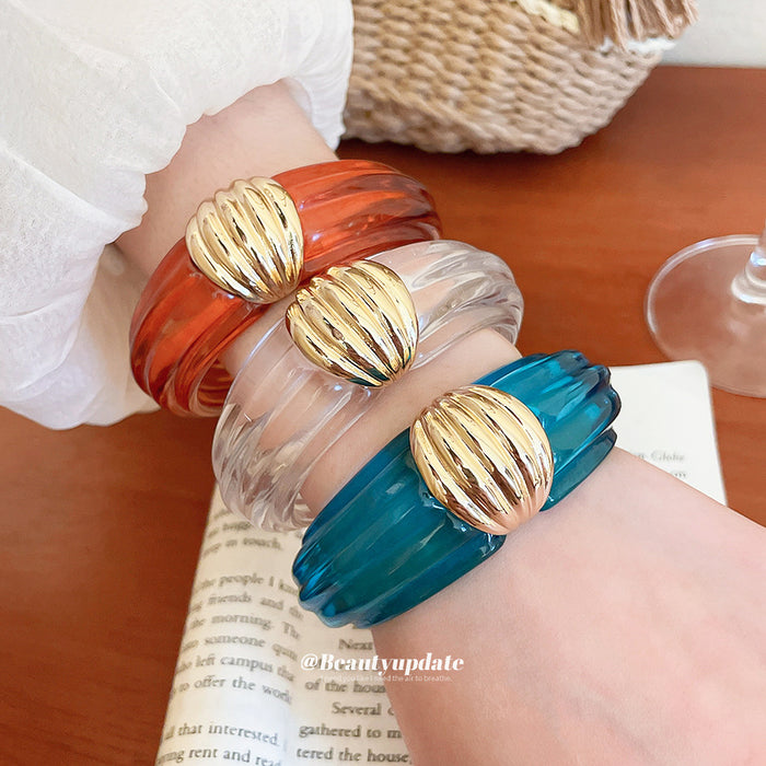 Resin Open Cuff Bracelet Gold Shell Accent Four Colors