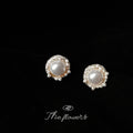 Gold Round Pearl Stud Earrings Seed Pearl Halo Frame view 3
