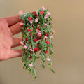 Green Vine And Pink Flower Long Tassel Stud Earrings view 3