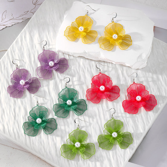 Silver Tone Mesh Flower Faux Pearl Hook Earrings in Five Colors