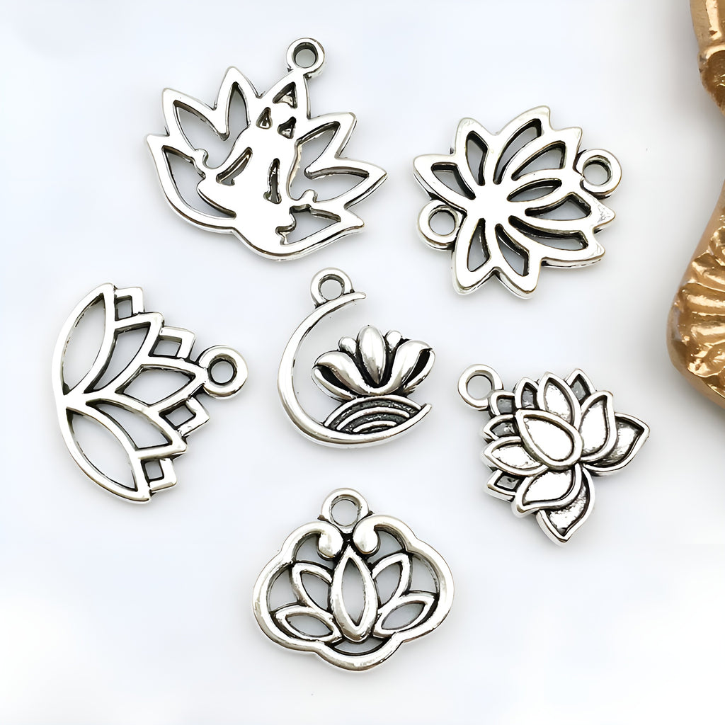 Antique Silver Zinc Alloy Yoga Lotus Round Hollow Charm Pendant for Necklaces and Earrings