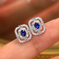 Blue Oval Double Square Halo Stud Earrings with Clear Stone Details view 2
