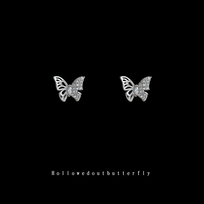 Silver Hollow Butterfly Stud Earrings Clear Pave Crystals