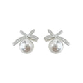 Silver Tone Clear Stone Bow And Large White Pearl Stud Earrings view 5