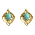 Gold Tone Hammered Leaf Stud Earrings Turquoise Cabochon view 5