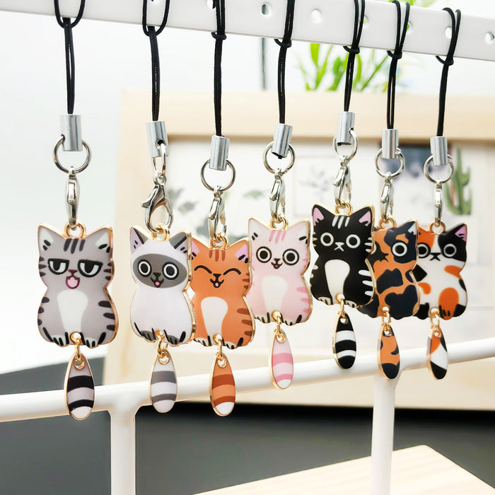 Six Colorful Cat Figure Phone Strap Charm Design Set