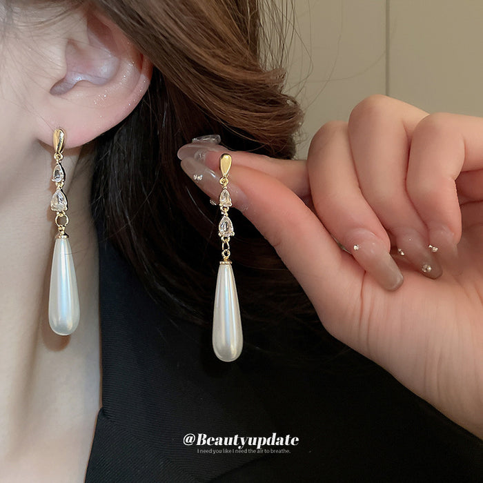 Gold Tone Long Chain White Teardrop Pearl Drop Earrings