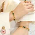 Gold Cuban Chain Necklace Bracelet Green Glass Stones view 3