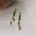 Gold Tone Green Bamboo And White Pearl Long Stud Earrings view 3