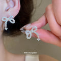 Silver Tone Crystal Bow and Pearl Earrings Statement Jewelry view 4