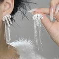 Crystal Bow Stud Earrings with Long Chain Fringe Statement Jewelry view 1