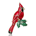 Red Enamel Cardinal Bird Brooch with Green Holly Leaf view 1