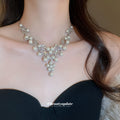 Silver Rhinestone Pearl Teardrop V Necklace Earring Set view 3