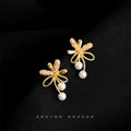 Gold Crystal Bow Stud Earrings Dual White Pearl Drops view 4