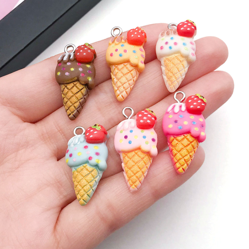 Simulation Resin Strawberry Ice Cream Cone Charm Pendant for DIY Necklace Bracelet Keychain
