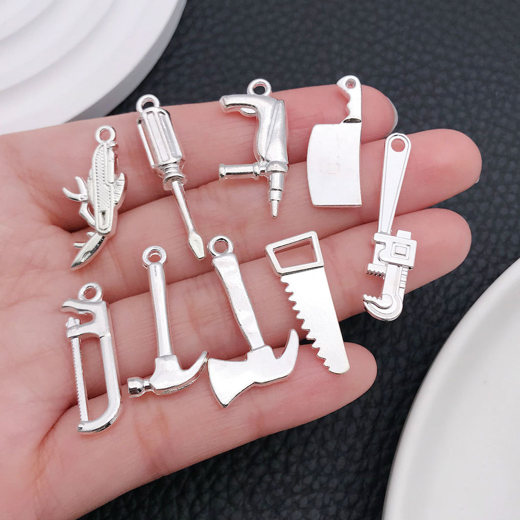 Bright Silver Zinc Alloy Hammer Saw Ruler Tool Charm Pendant for DIY Keychain Jewelry
