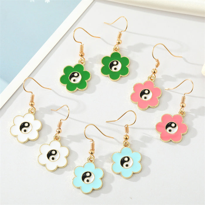 Gold Tone Colorful Enamel Yin Yang Flower Hook Earrings