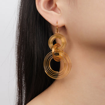Gold Multilayer Concentric Wire Circle Drop Hook Earrings