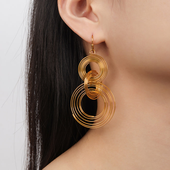 Gold Multilayer Concentric Wire Circle Drop Hook Earrings