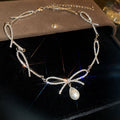 Silver Rhinestone Bow Link Pearl Drop Choker Single Style view 6