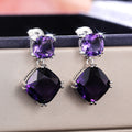 Purple Cushion Two-Stone Drop Earrings In Polished Silver Tone view 4