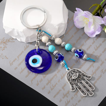 Silver Tone Hamsa Hand Blue Evil Eye Beaded Split Ring Keychain