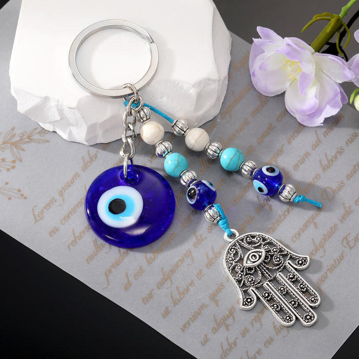 Silver Tone Hamsa Hand Blue Evil Eye Beaded Split Ring Keychain