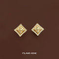 Gold Tone Clear Stone Square Frame Engraved Floral Stud Earrings view 4