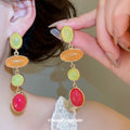 Multicolor Oval Resin Cabochon Long Dangle Earrings view 3
