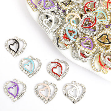 Crystal Double Heart Charms in Six Colors and Two Metal Tones