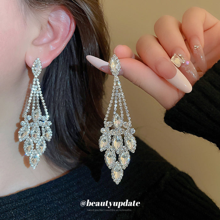 Silver Tone Crystal Leaf Chandelier Drop Earrings for Women