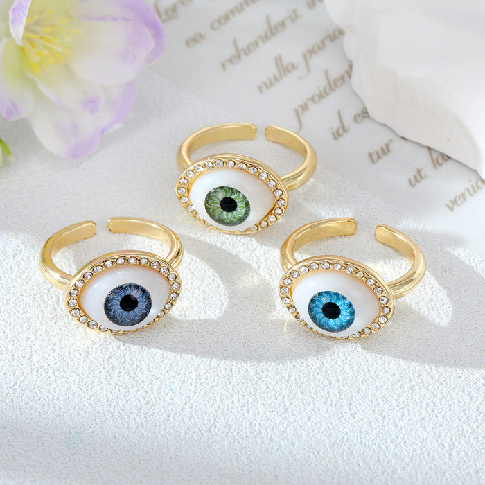 Gold Tone Crystal Halo Realistic Evil Eye Adjustable Cuff Rings