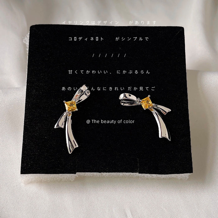 Silver Bow Stud Earrings Yellow Square Center Stone