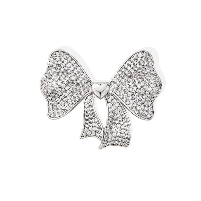 Silver Tone Crystal Wide Bow Metal Brooch Pin for Jackets