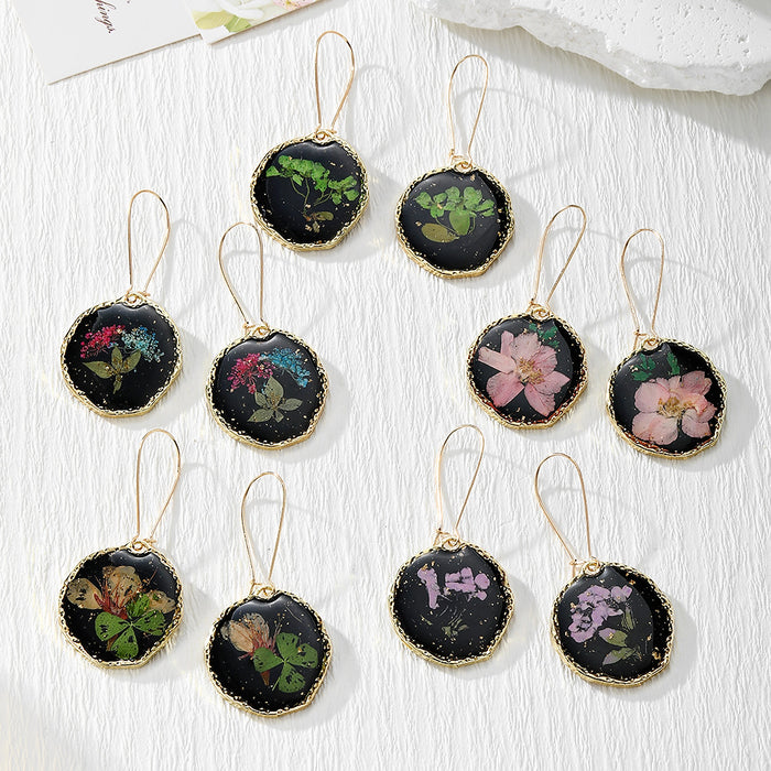 Black Irregular Round Pressed Flower Drop Earrings in Five Designs