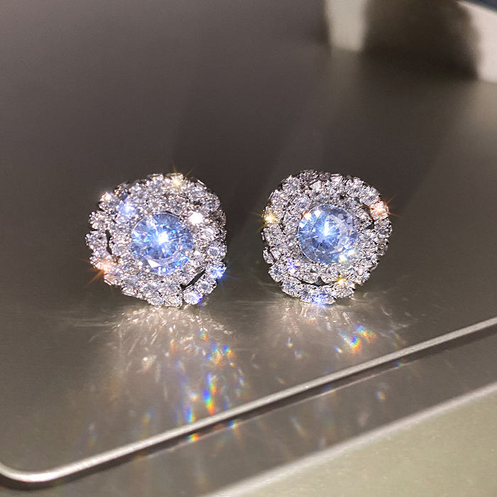 Silver Tone Blue Iridescent Flower Cluster Stud Earrings