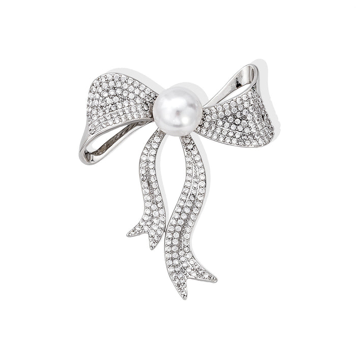 Ribbon Bow Pearl Look Metal Brooch Pin for Jackets and Lapels
