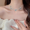 Multi Strand Pearl Blue Crystal Invisible Wire Necklace view 3