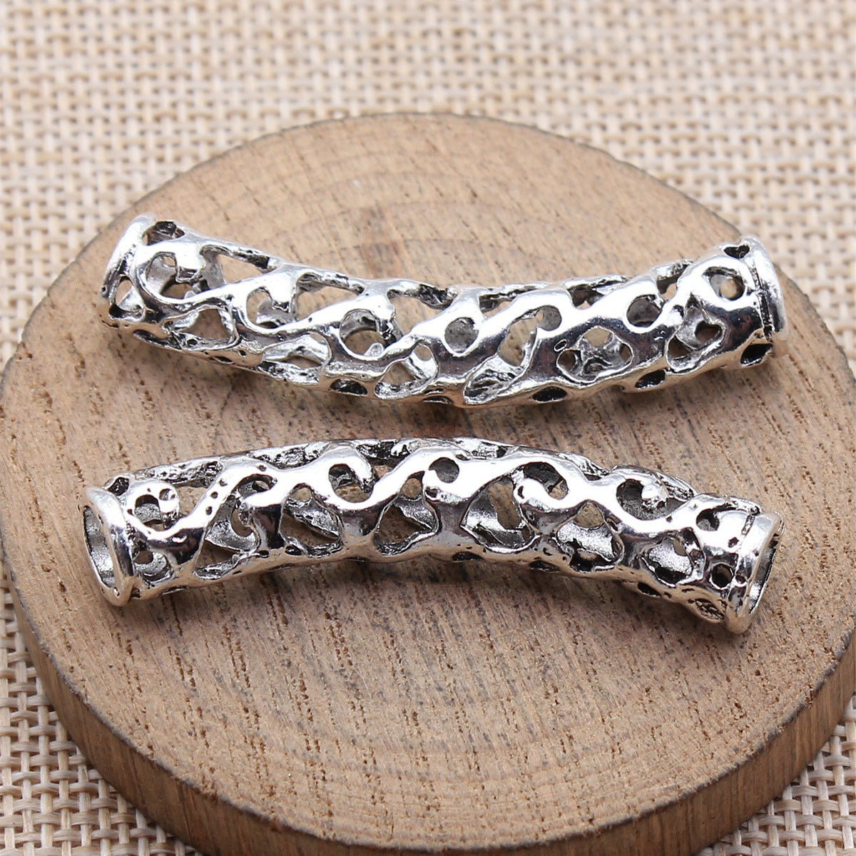 50x14x9.5mm 5.9g Antique Silver Zinc Alloy Rattan Bracelet Curved Tube Spacer Beads for DIY Jewelry
