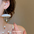 White Shell Disc Drop Earrings with Pearl and Chain Tassel Details view 3