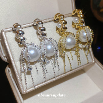Gold Tone C Hoop Stud Earrings With Pearl And Chain Tassels