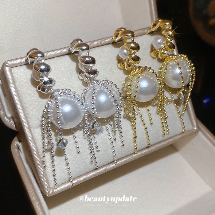 Gold Tone C Hoop Stud Earrings With Pearl And Chain Tassels