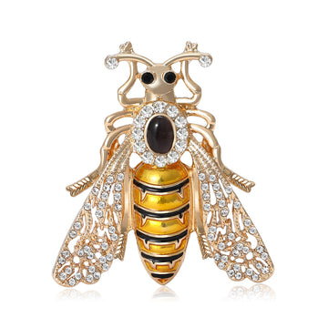 Gold Tone Rhinestone Bee Brooch Yellow Enamel Body