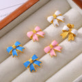 Enamel Bow Stud Earrings Pink White Blue Gold and Steel Frames view 2