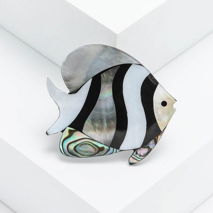 Black Stripe Shell Effect Angelfish Brooch in Silver Tone